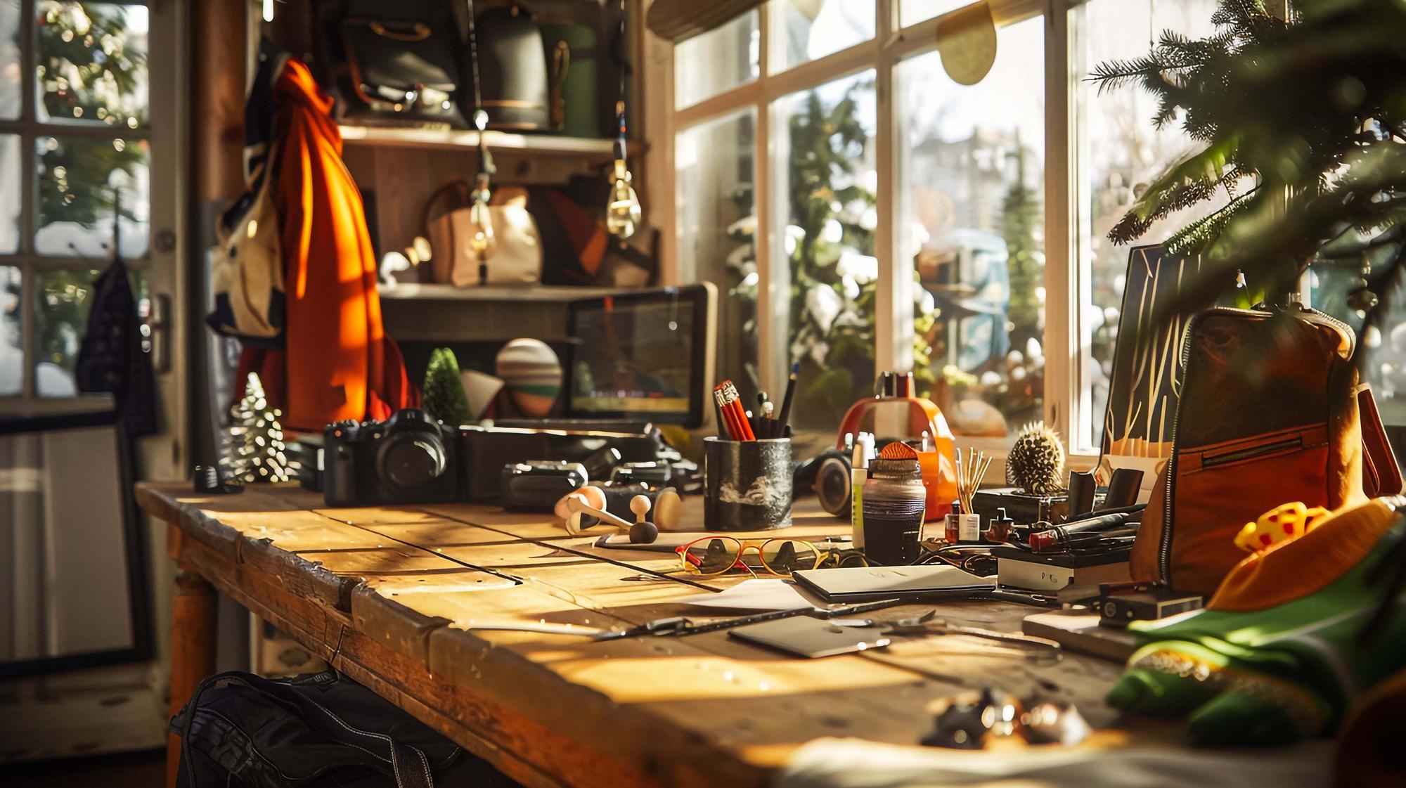 Cozy workshop studio with wooden table